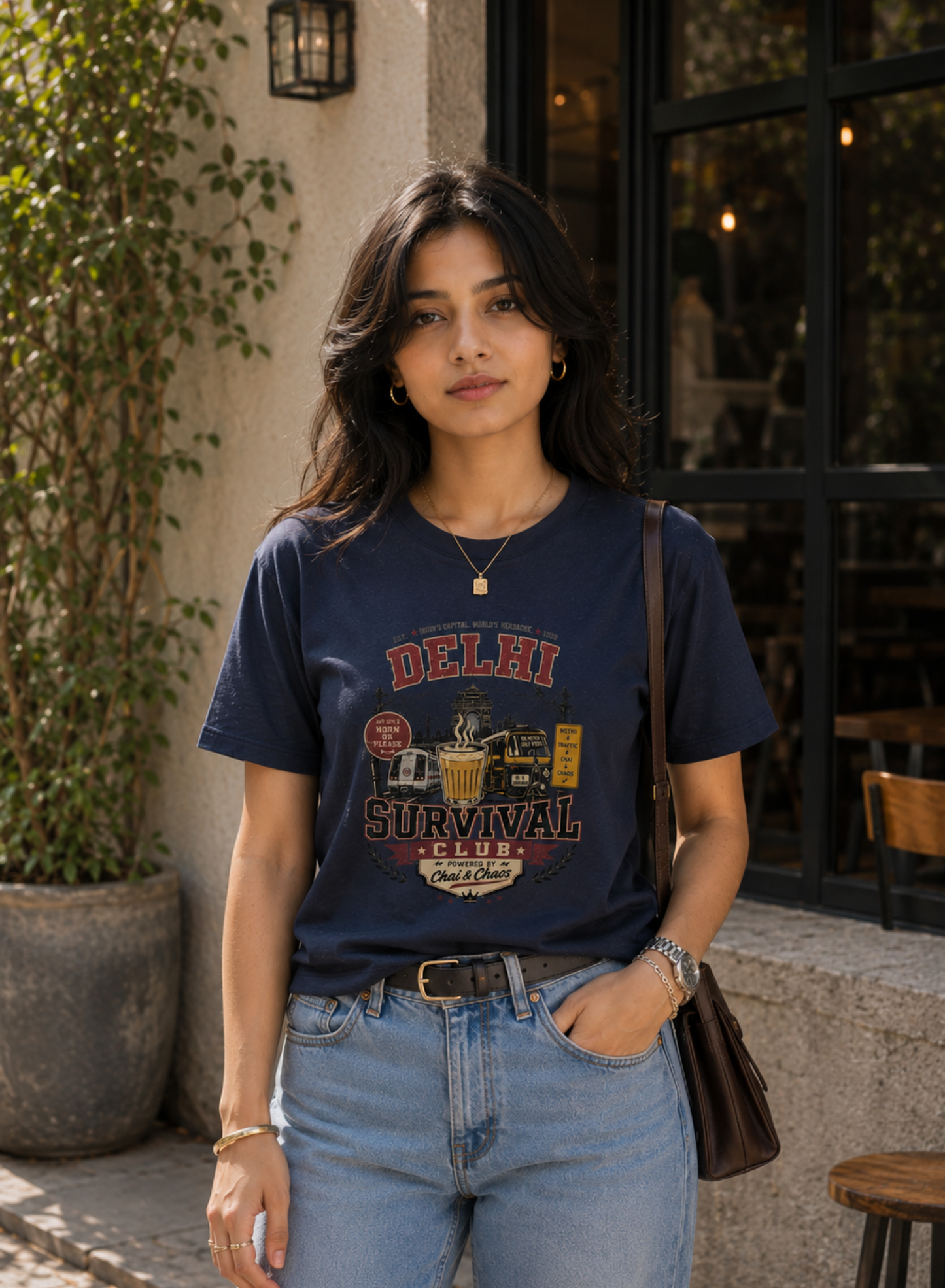 Woman wearing a navy blue t-shirt with 'Delhi Survival Club' graphic design, standing outdoors.