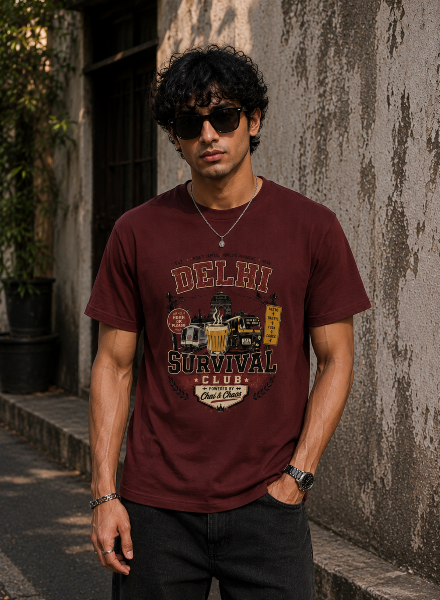 Man wearing a maroon t-shirt with 'Delhi Survival Club' design against a textured wall.