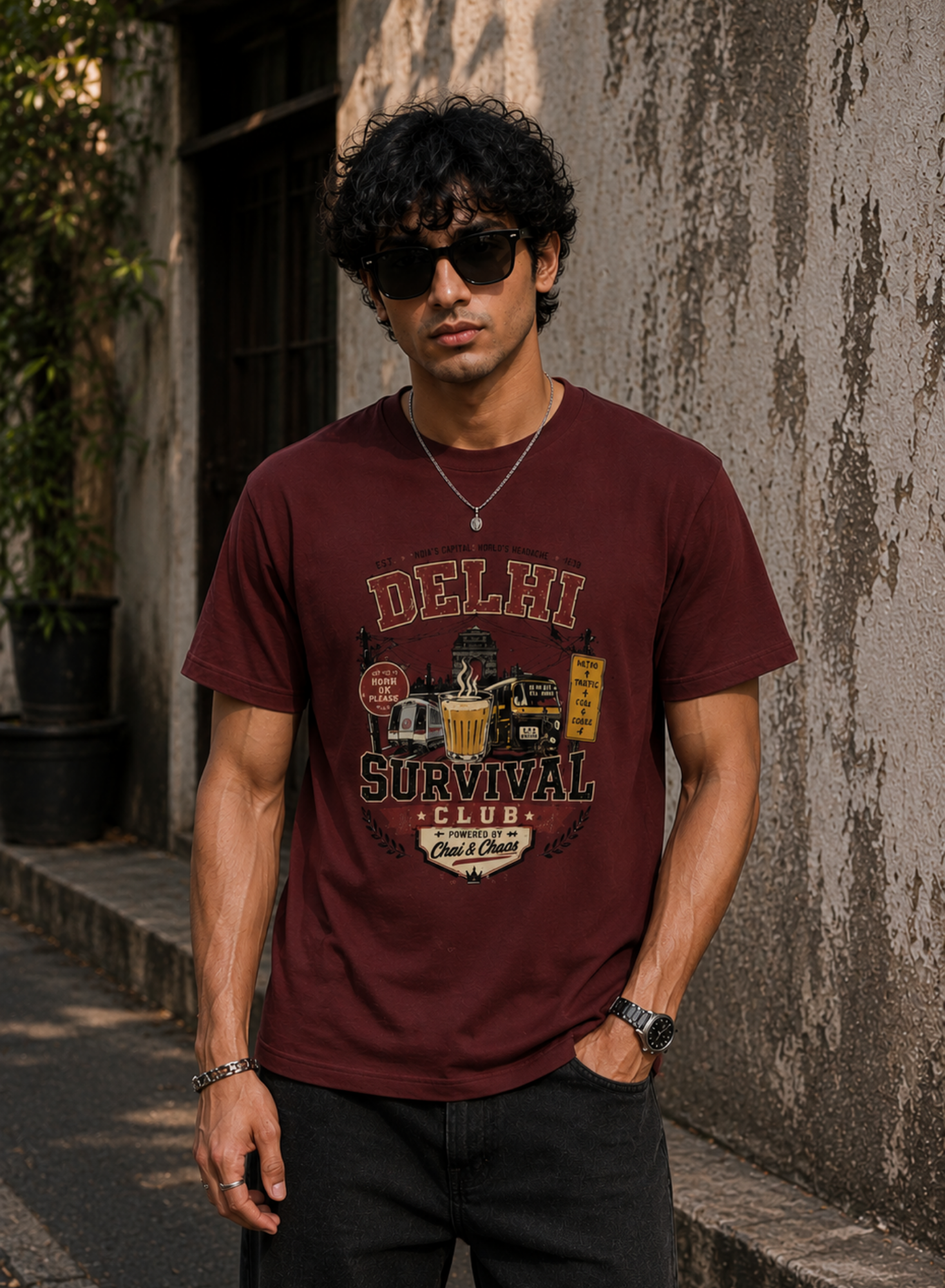 Man wearing a maroon t-shirt with 'Delhi Survival Club' design against a textured wall.