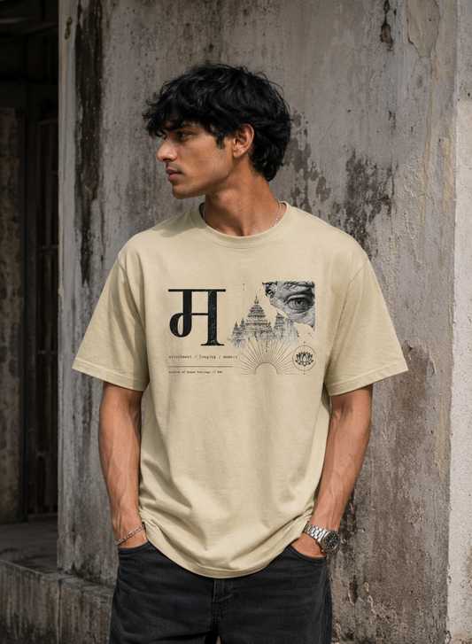 Front print of MOH oversized t shirt featuring minimal Hindi typography and vintage inspired artwork
