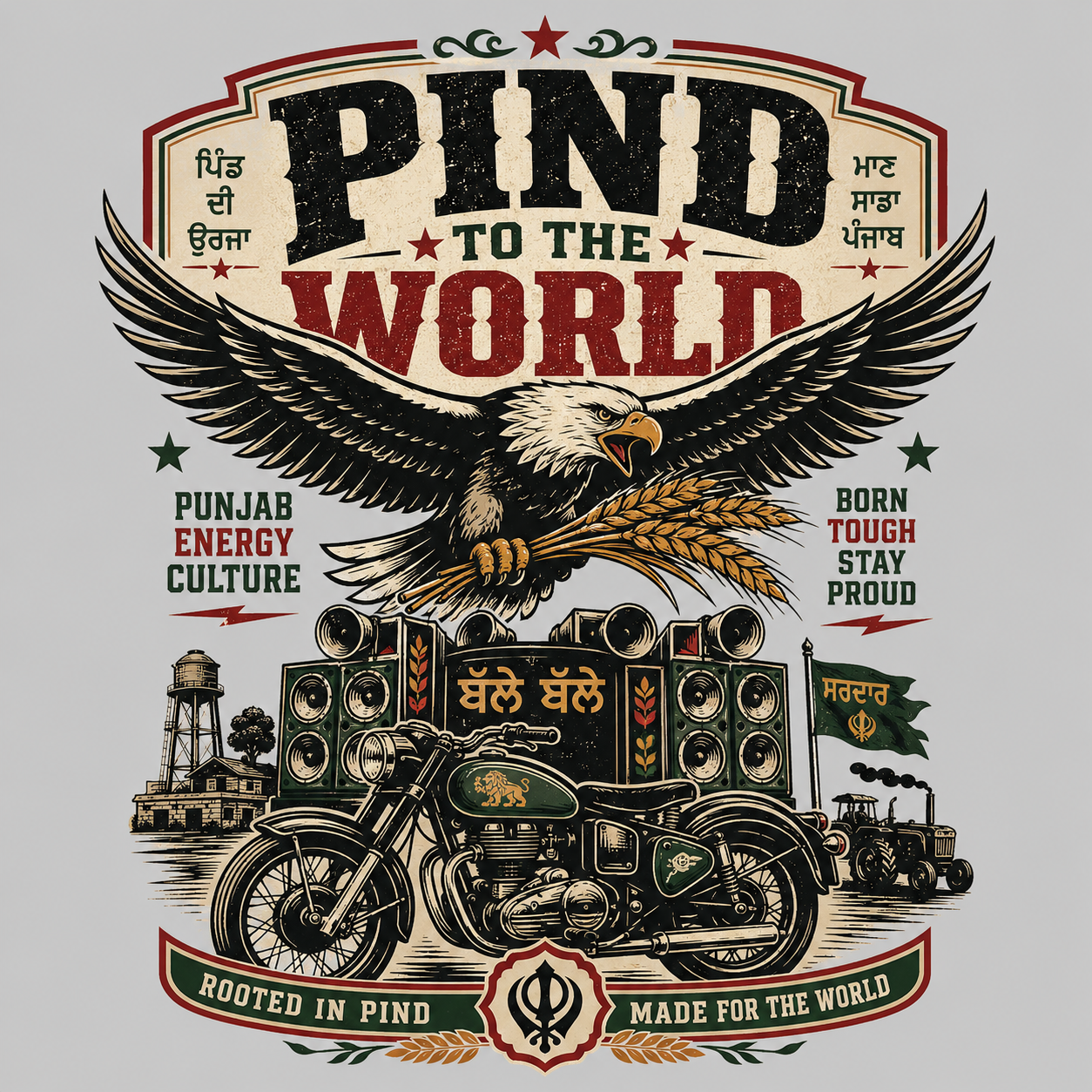 Vintage-style graphic with an eagle, motorcycle, and text on a gray background